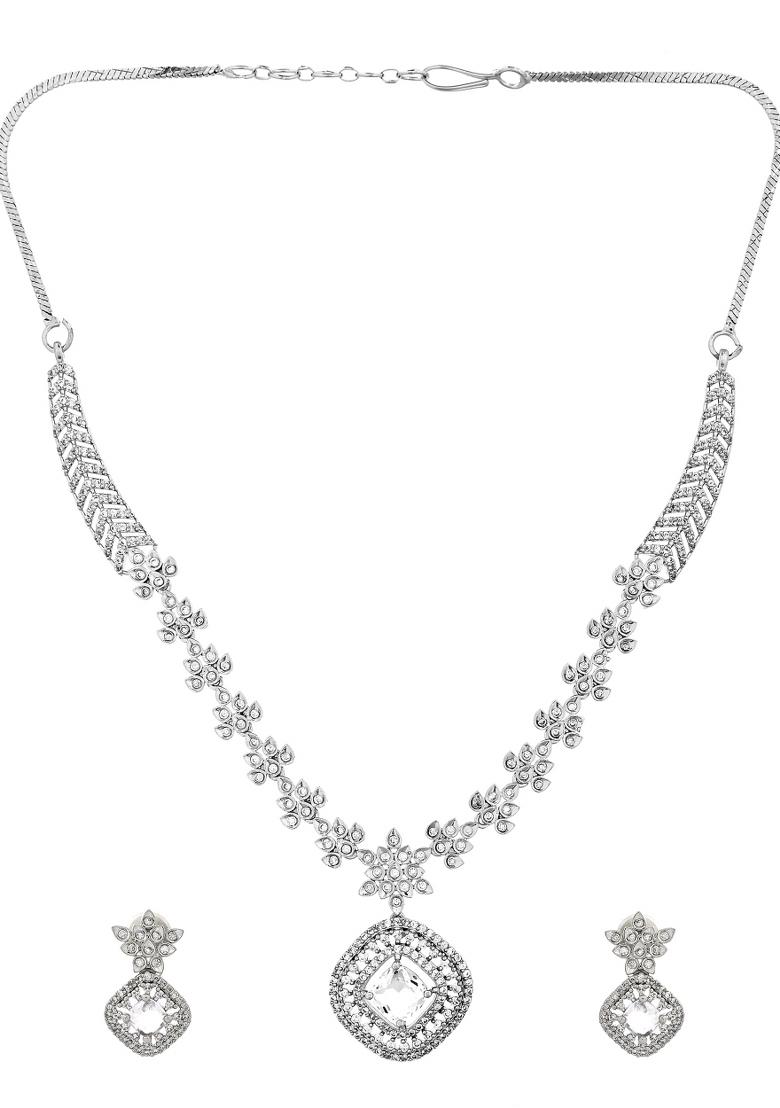 Silver Plated Square Stone Studded Jewellery Set - Indya