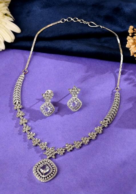 Silver Plated Square Stone Studded Jewellery Set