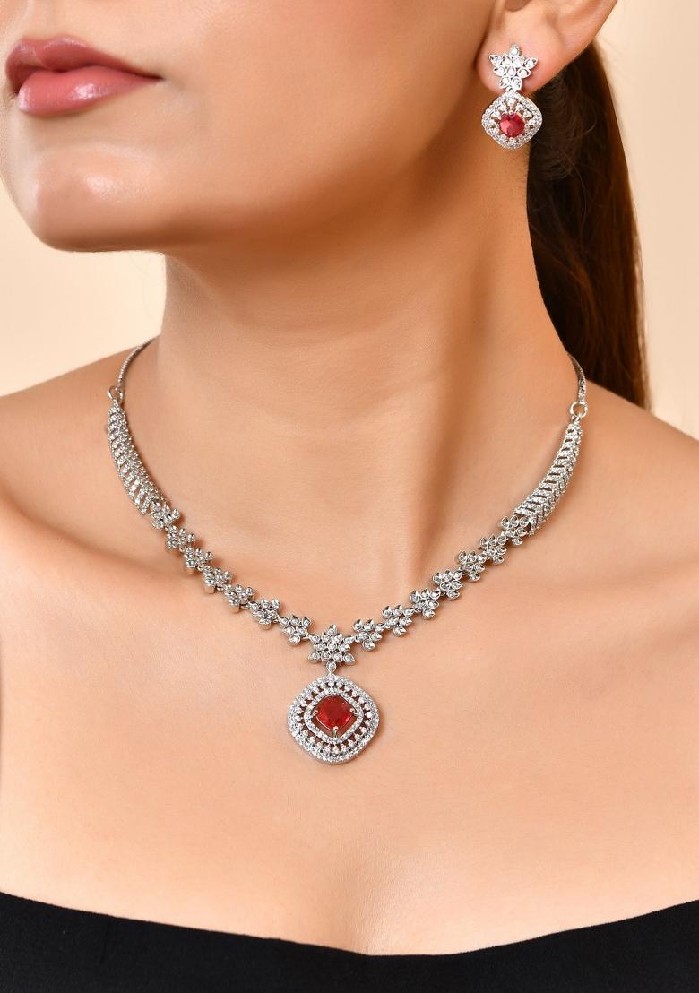 Silver Plated Ruby Square Stone Studded Jewellery Set - Indya