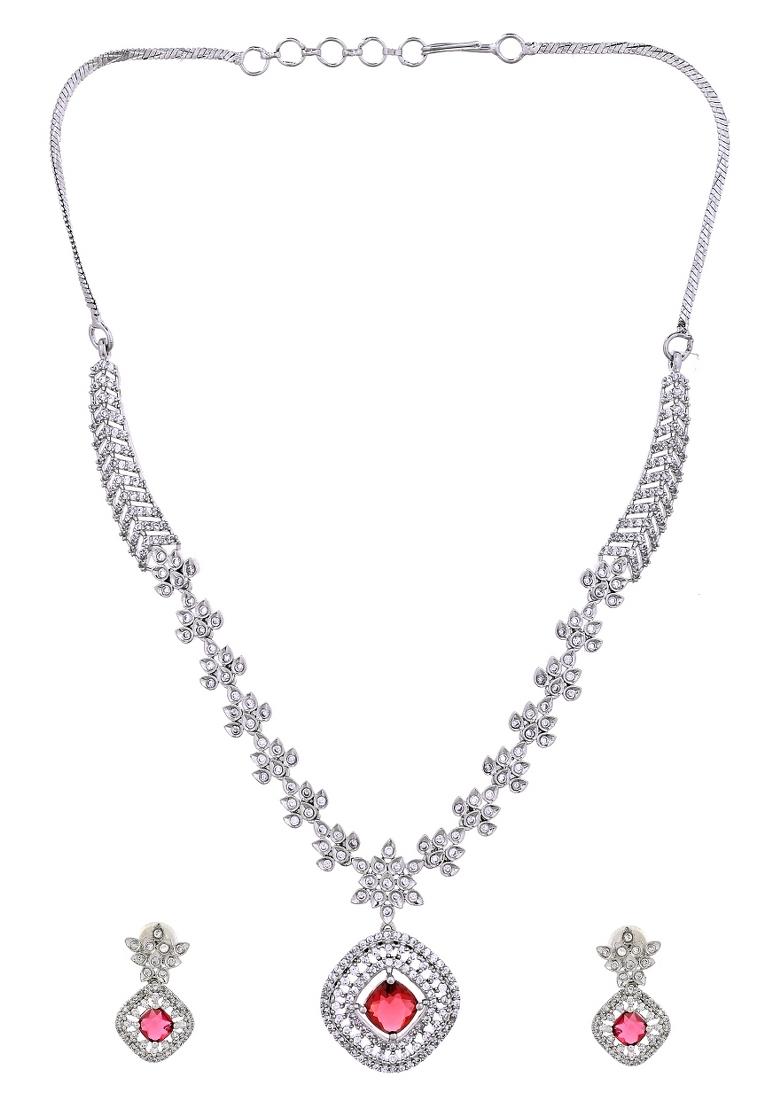 Silver Plated Ruby Square Stone Studded Jewellery Set - Indya