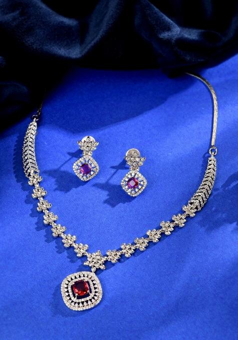 Silver Plated Ruby Square Stone Studded Jewellery Set