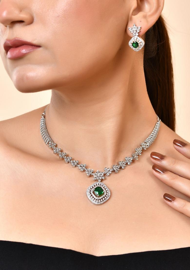 Silver Plated Green Square Stone Studded Jewellery Set - Indya