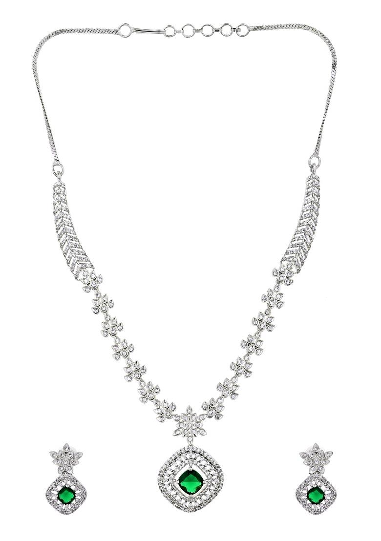 Silver Plated Green Square Stone Studded Jewellery Set - Indya