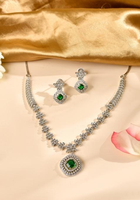 Silver Plated Green Square Stone Studded Jewellery Set