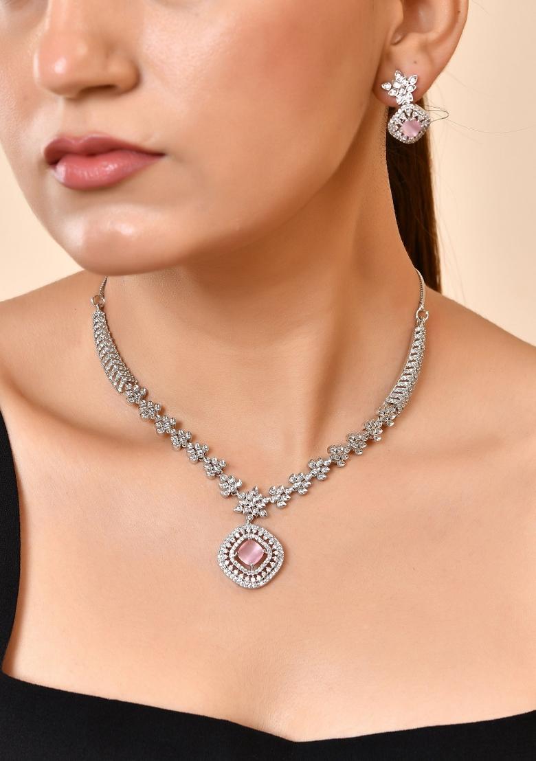 Silver Plated Baby Pink Square Stone Studded Jewellery Set - Indya