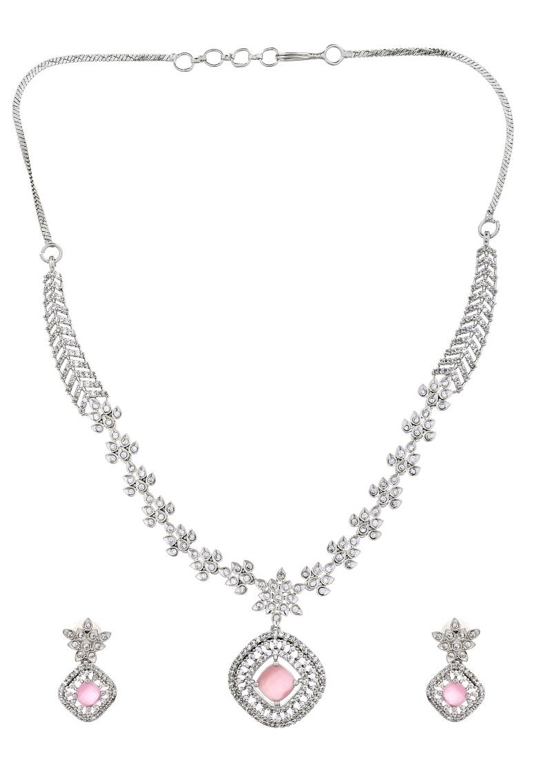 Silver Plated Baby Pink Square Stone Studded Jewellery Set - Indya