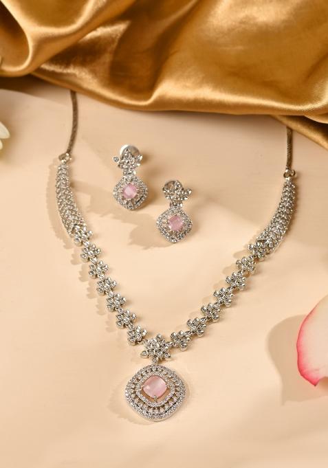 Silver Plated Baby Pink Square Stone Studded Jewellery Set