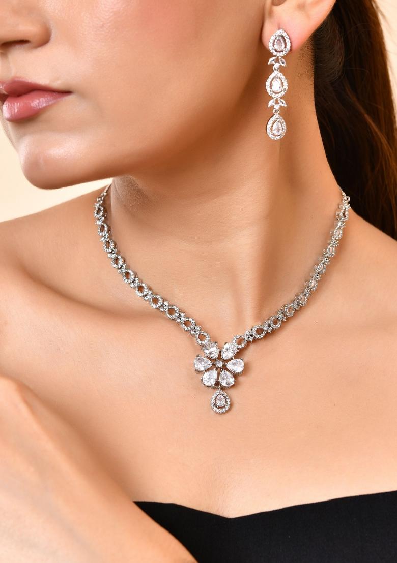 Silver Plated Ad Stone Studded Floral Jewellery Set - Indya
