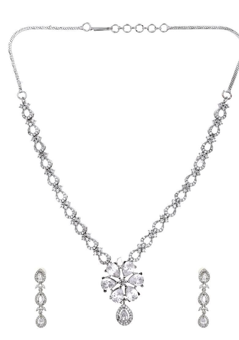 Silver Plated Ad Stone Studded Floral Jewellery Set - Indya