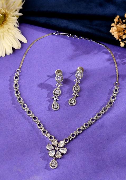 Silver Plated Ad Stone Studded Floral Jewellery Set