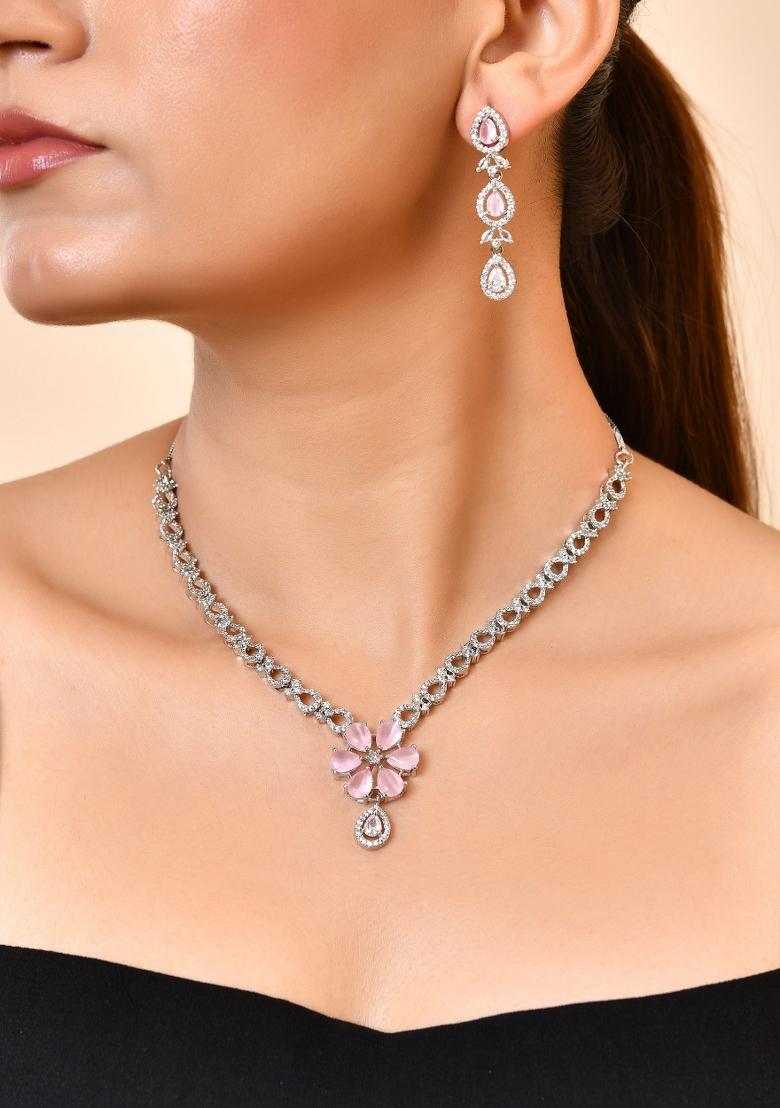 Silver Plated Ad Stone With Baby Pink Floral Jewellery Set - Indya