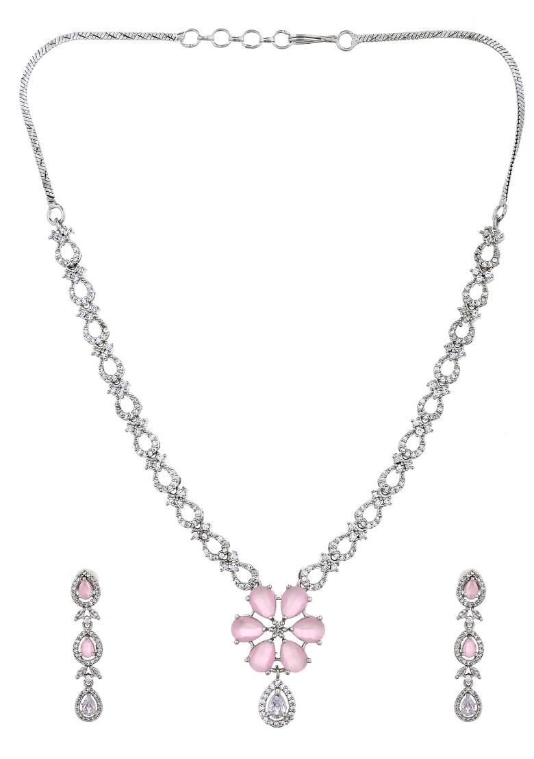 Silver Plated Ad Stone With Baby Pink Floral Jewellery Set - Indya