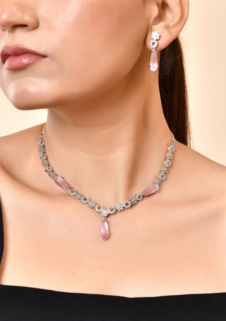 Silver Plated Baby Pink Stone Studded Ad Jewellery Set - Indya