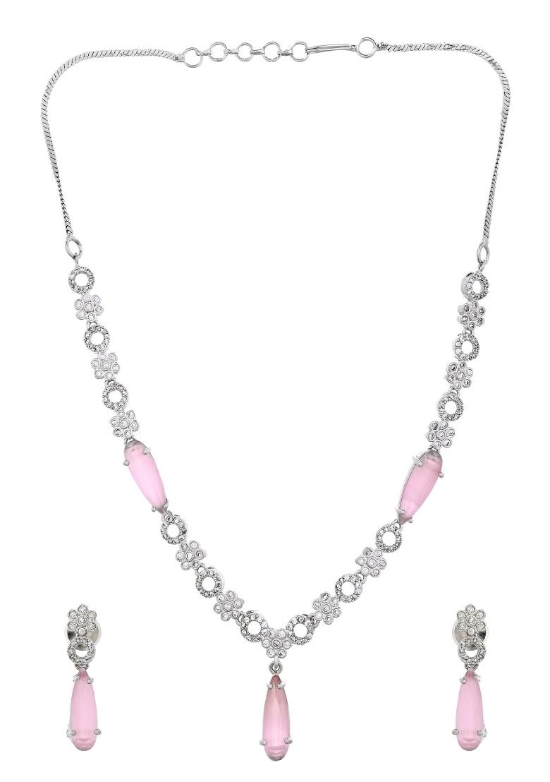 Silver Plated Baby Pink Stone Studded Ad Jewellery Set - Indya