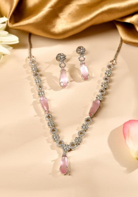 Silver Plated Baby Pink Stone Studded Ad Jewellery Set