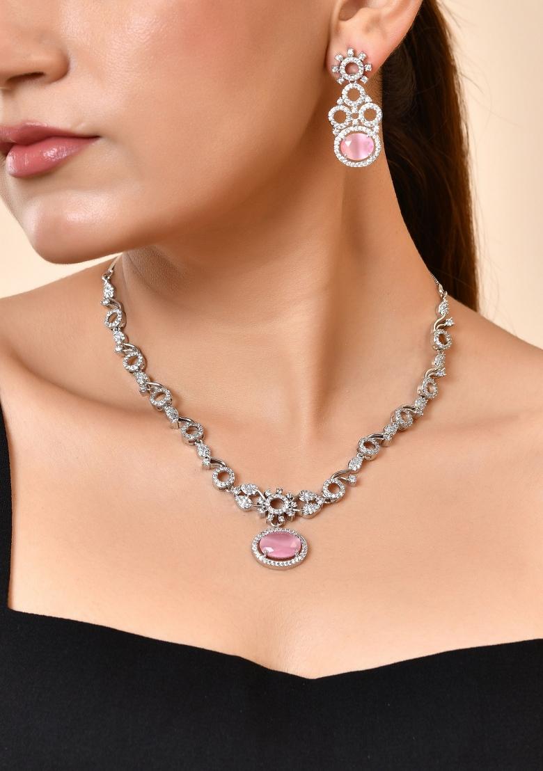 Silver Plated Designer Oval Stone Ad Necklace Set - Indya