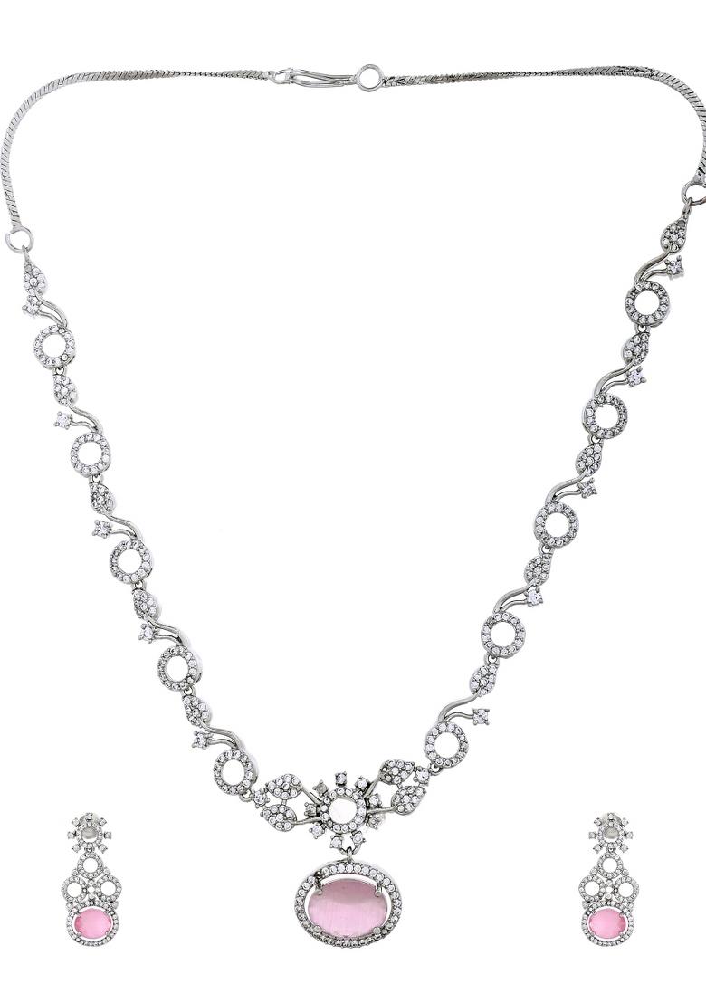 Silver Plated Designer Oval Stone Ad Necklace Set - Indya