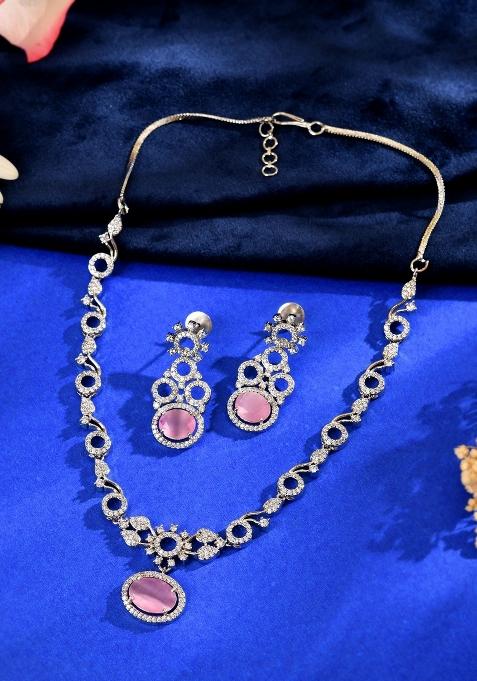 Silver Plated Designer Oval Stone Ad Necklace Set
