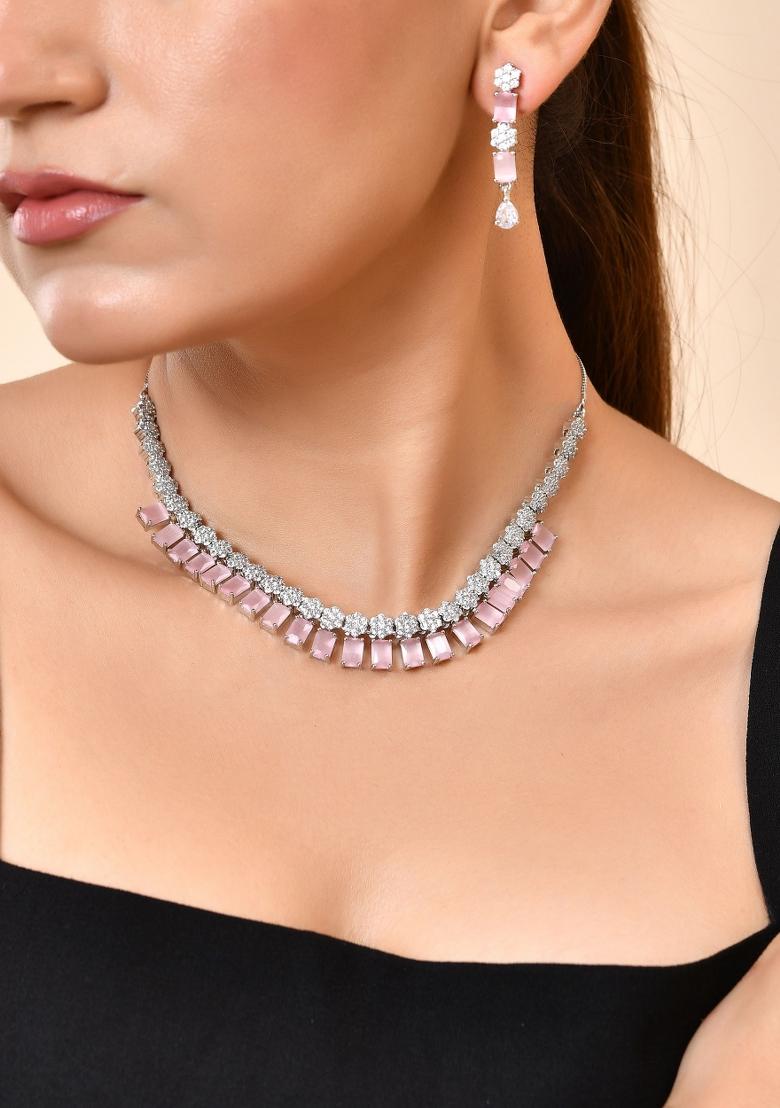 Silver Plated Baby Pink Rectangular Stone Ad Necklace Set - Indya