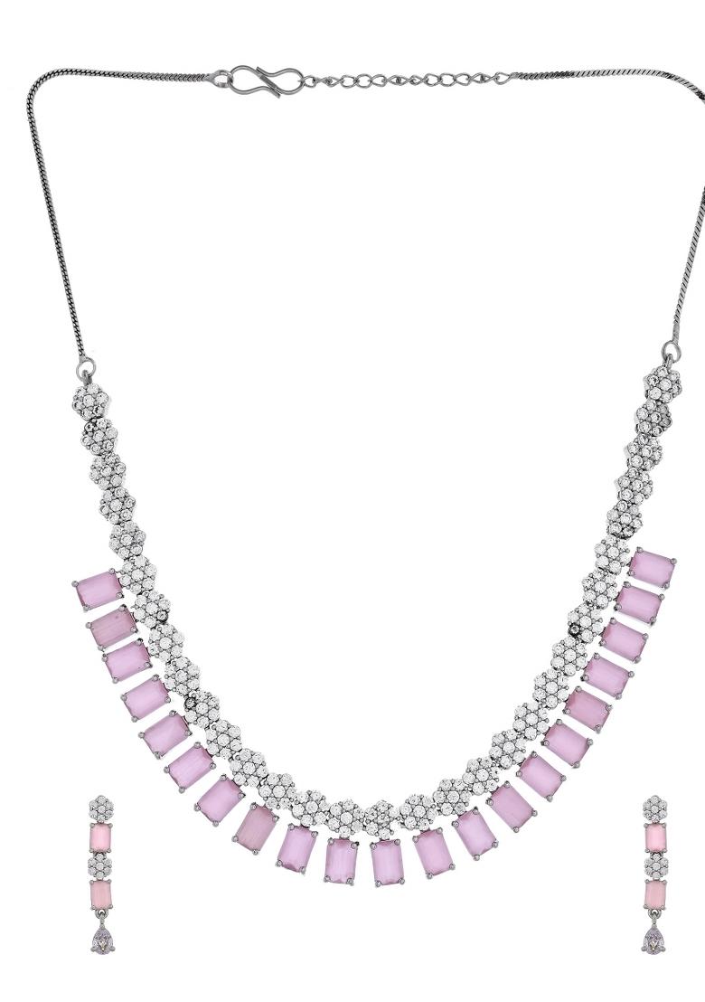 Silver Plated Baby Pink Rectangular Stone Ad Necklace Set - Indya