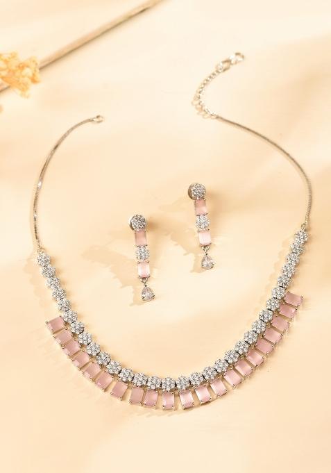 Silver Plated Baby Pink Rectangular Stone Ad Necklace Set