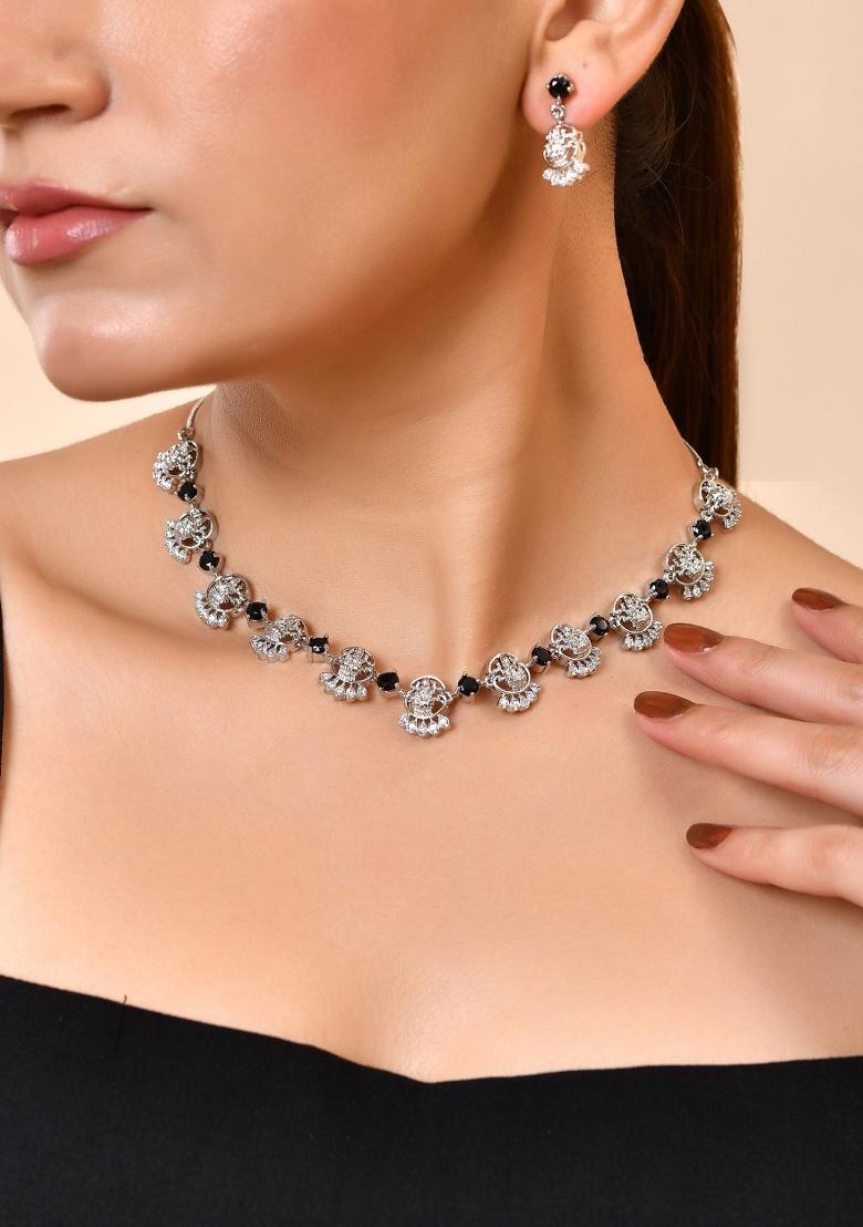 Silver Plated Ad Black Stone Temple Jewellery Set - Indya