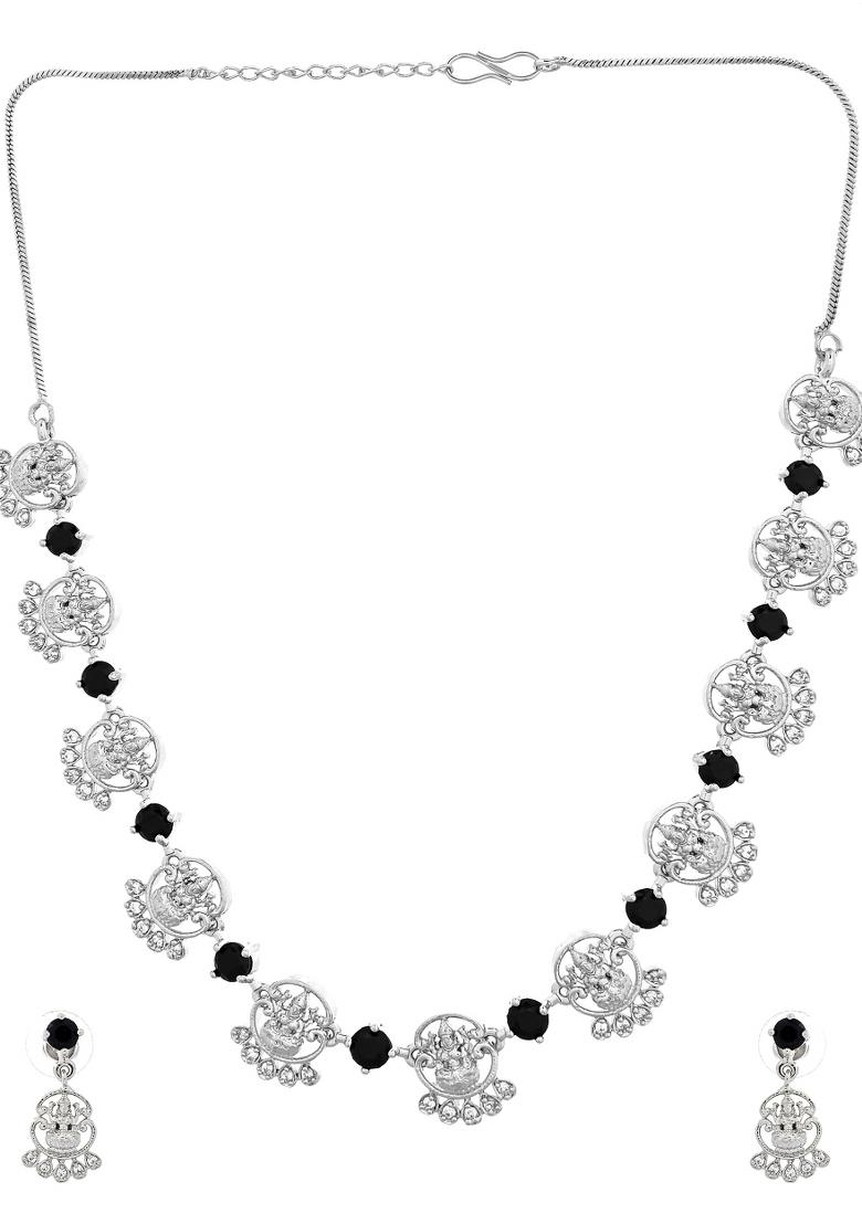 Silver Plated Ad Black Stone Temple Jewellery Set - Indya