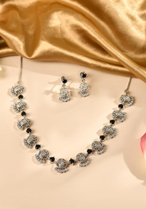 Silver Plated Ad Black Stone Temple Jewellery Set