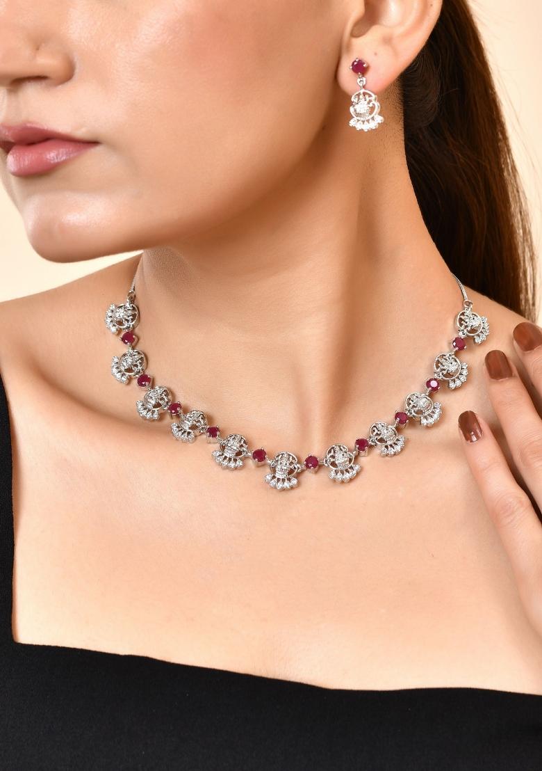 Silver Plated Ad Wine Stone Temple Jewellery Set - Indya