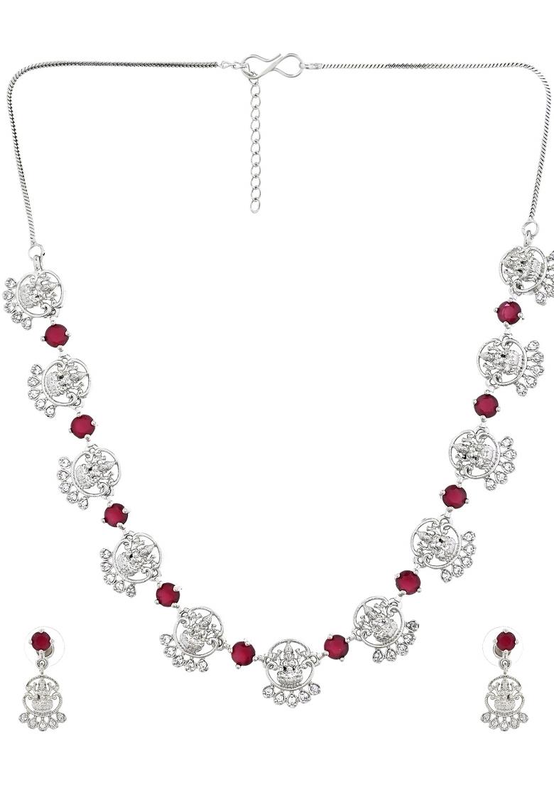 Silver Plated Ad Wine Stone Temple Jewellery Set - Indya