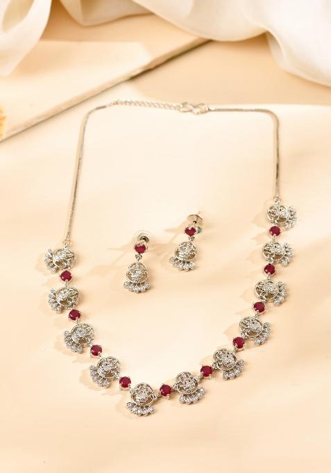 Silver Plated Ad Wine Stone Temple Jewellery Set