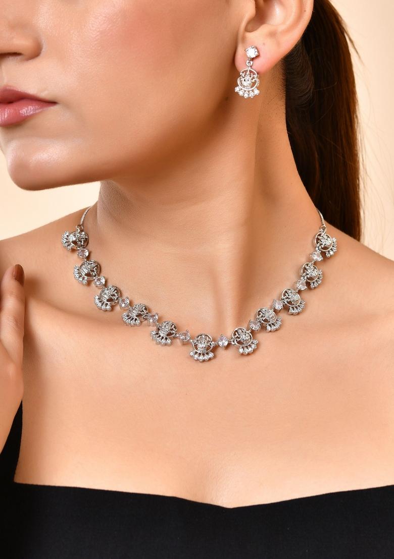 Silver Plated Ad Stone Temple Jewellery Set - Indya