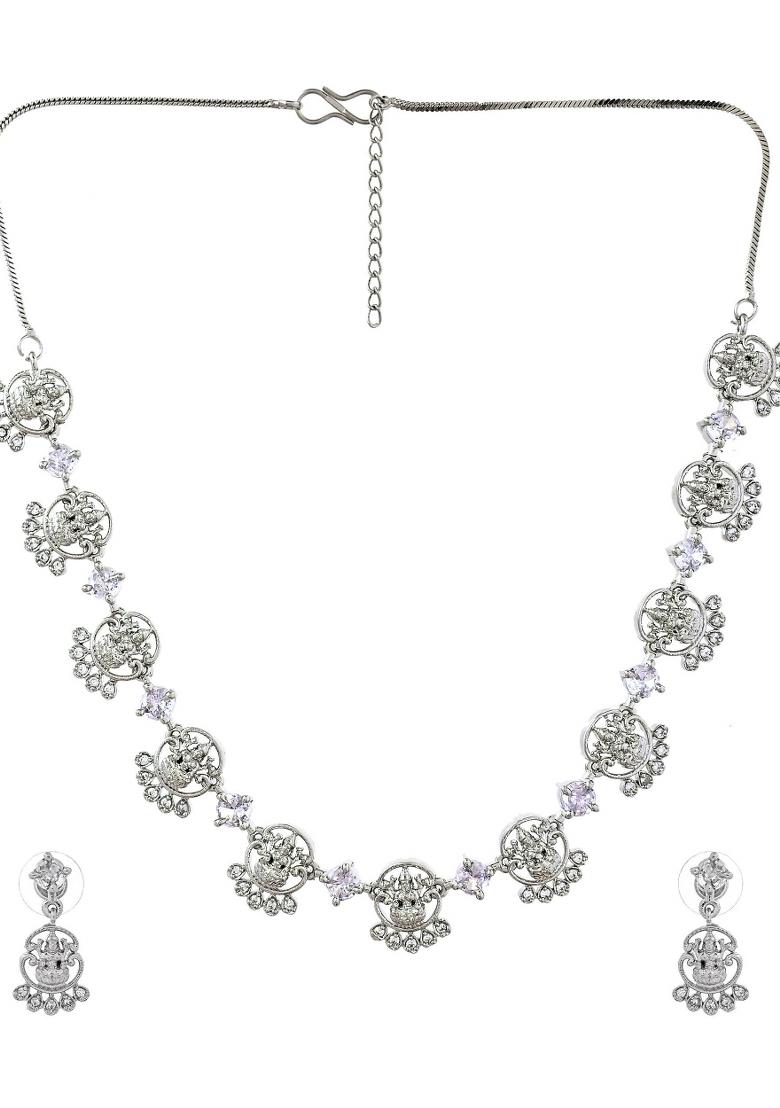 Silver Plated Ad Stone Temple Jewellery Set - Indya