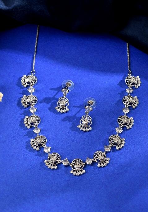 Silver Plated Ad Stone Temple Jewellery Set