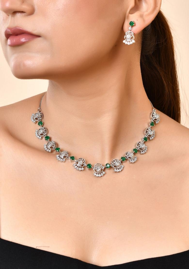 Silver Plated Ad Green Stone Temple Jewellery Set - Indya