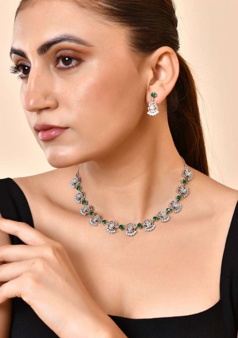 Silver Plated Ad Green Stone Temple Jewellery Set - Indya