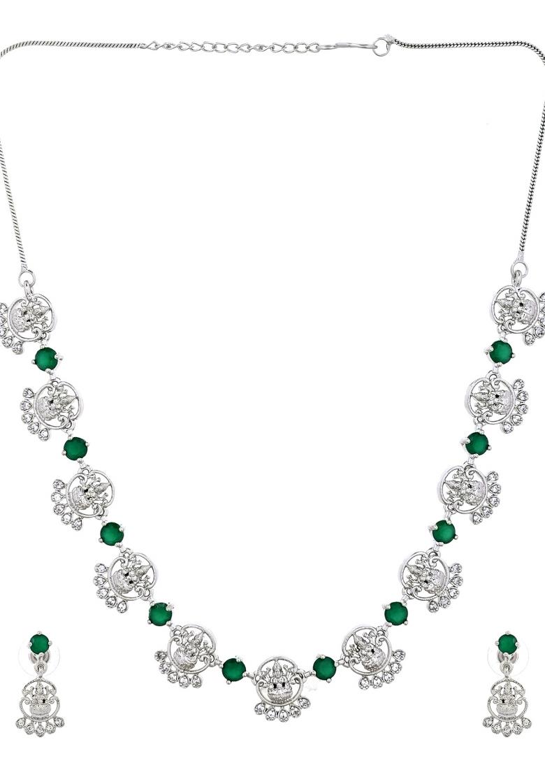 Silver Plated Ad Green Stone Temple Jewellery Set - Indya