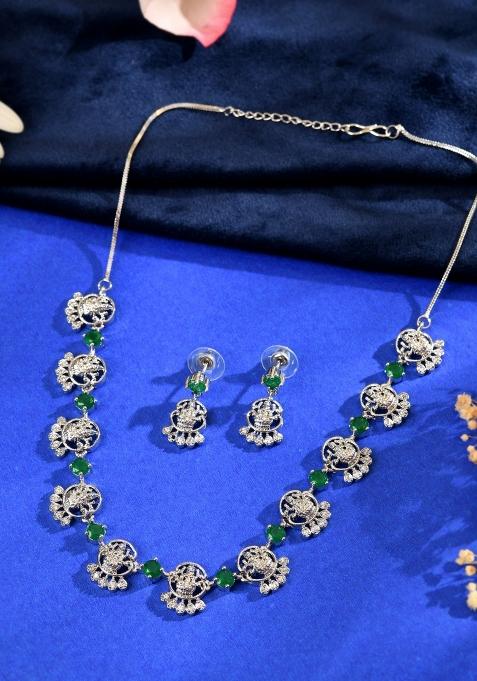 Silver Plated Ad Green Stone Temple Jewellery Set