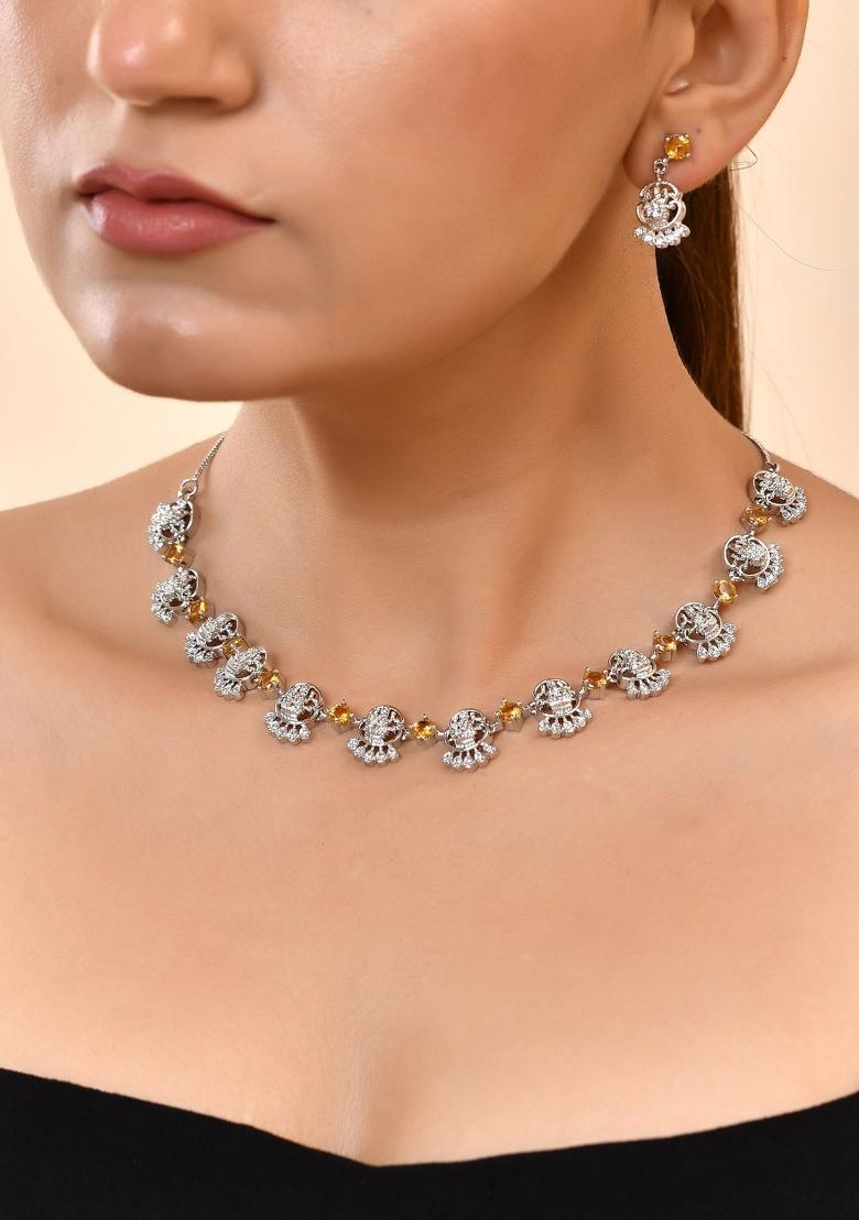 Silver Plated Ad Yellow Stone Temple Jewellery Set - Indya