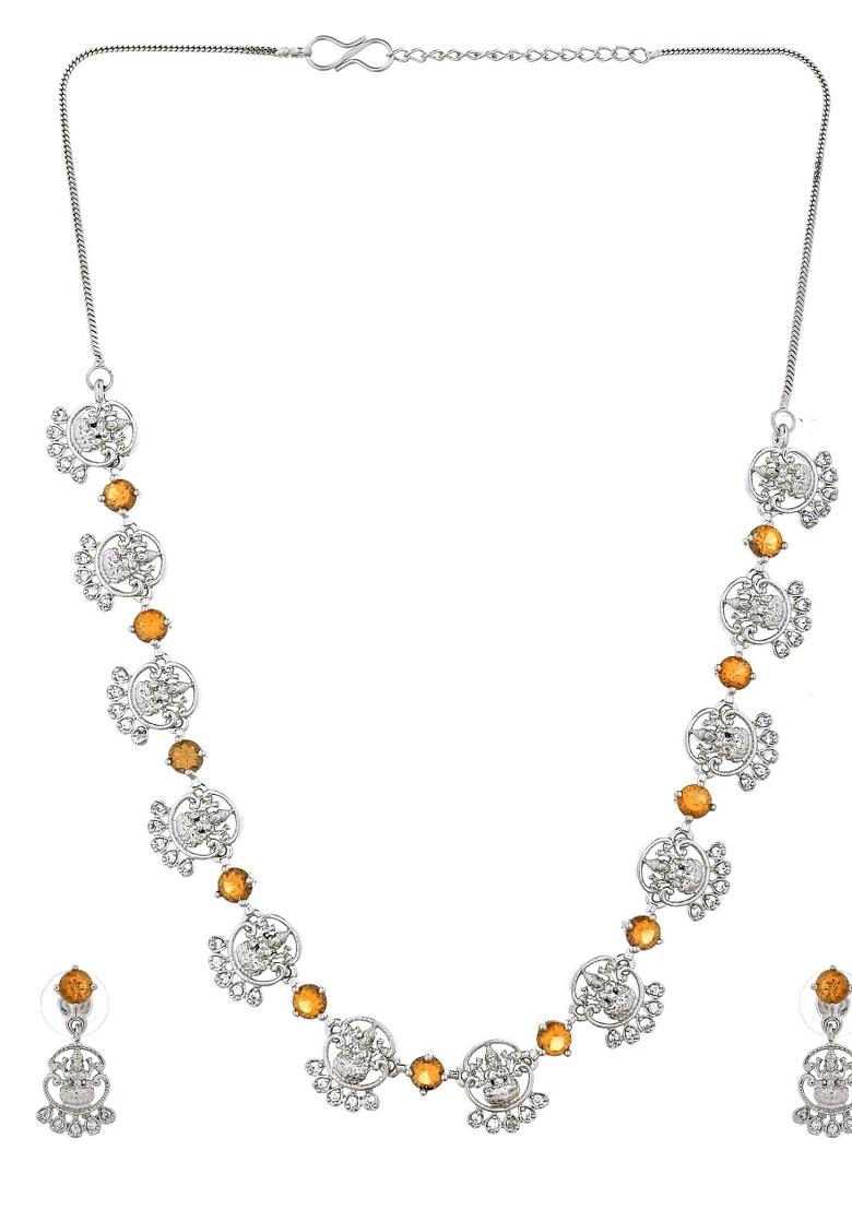 Silver Plated Ad Yellow Stone Temple Jewellery Set - Indya