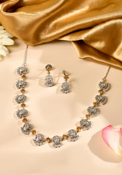 Silver Plated Ad Yellow Stone Temple Jewellery Set