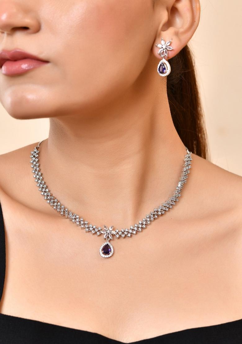 Silver Plated Purple Drop Shaped Ad Jewellery Set - Indya