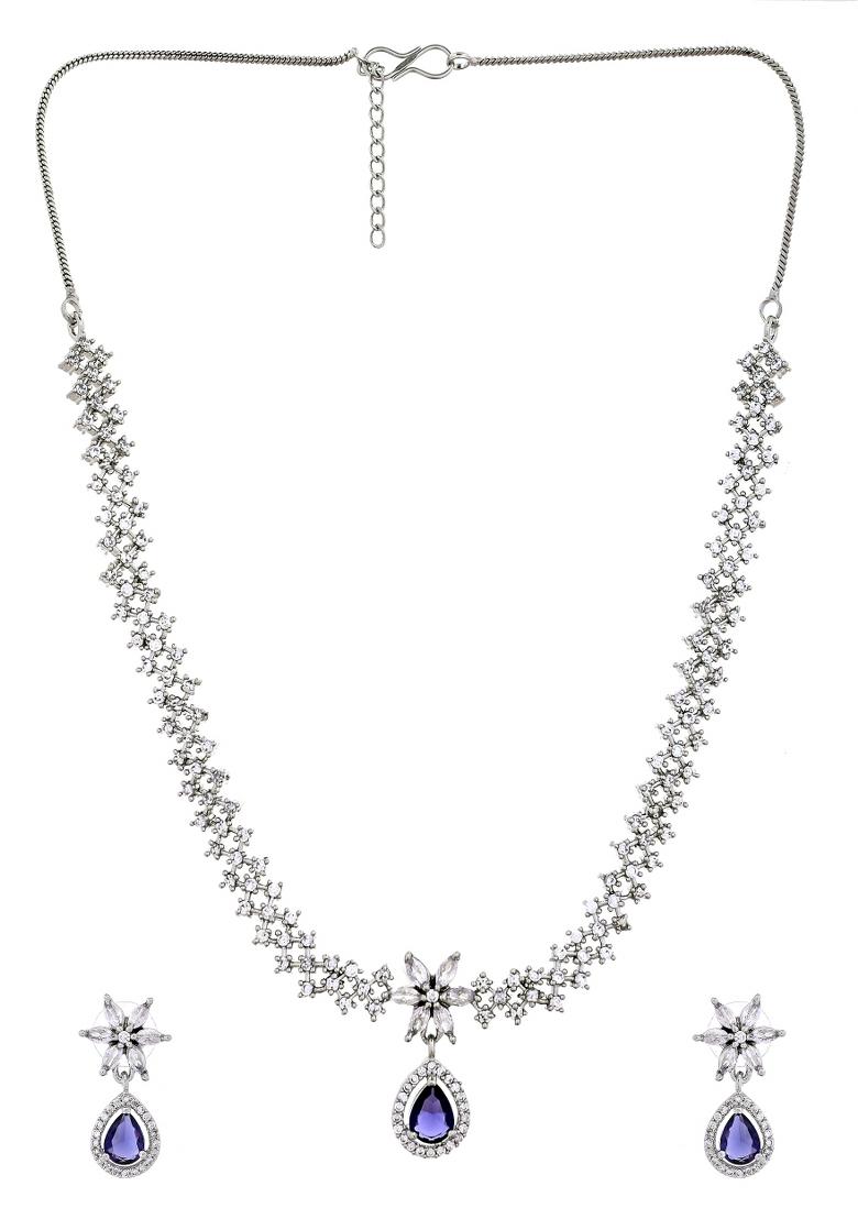 Silver Plated Purple Drop Shaped Ad Jewellery Set - Indya