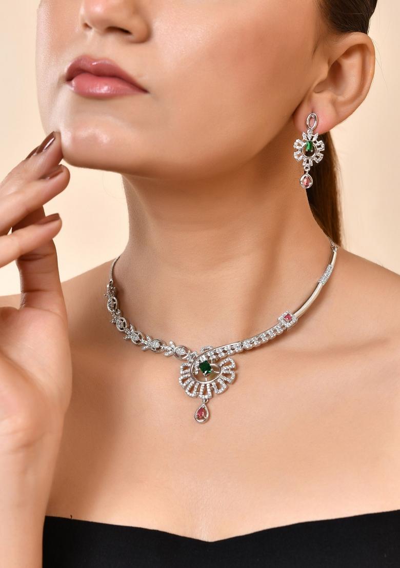 Silver Plated Ad Stone Studded Designer Necklace Set - Indya