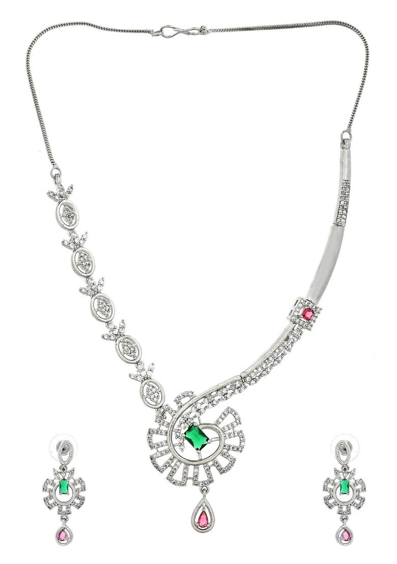 Silver Plated Ad Stone Studded Designer Necklace Set - Indya
