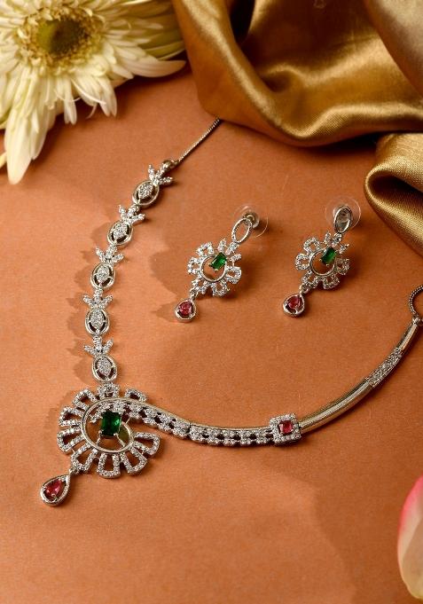 Silver Plated Ad Stone Studded Designer Necklace Set