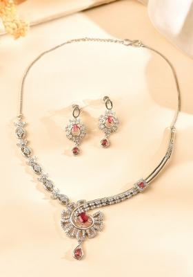 Silver Plated Ruby Red Ad Stone Studded Designer Necklace Set