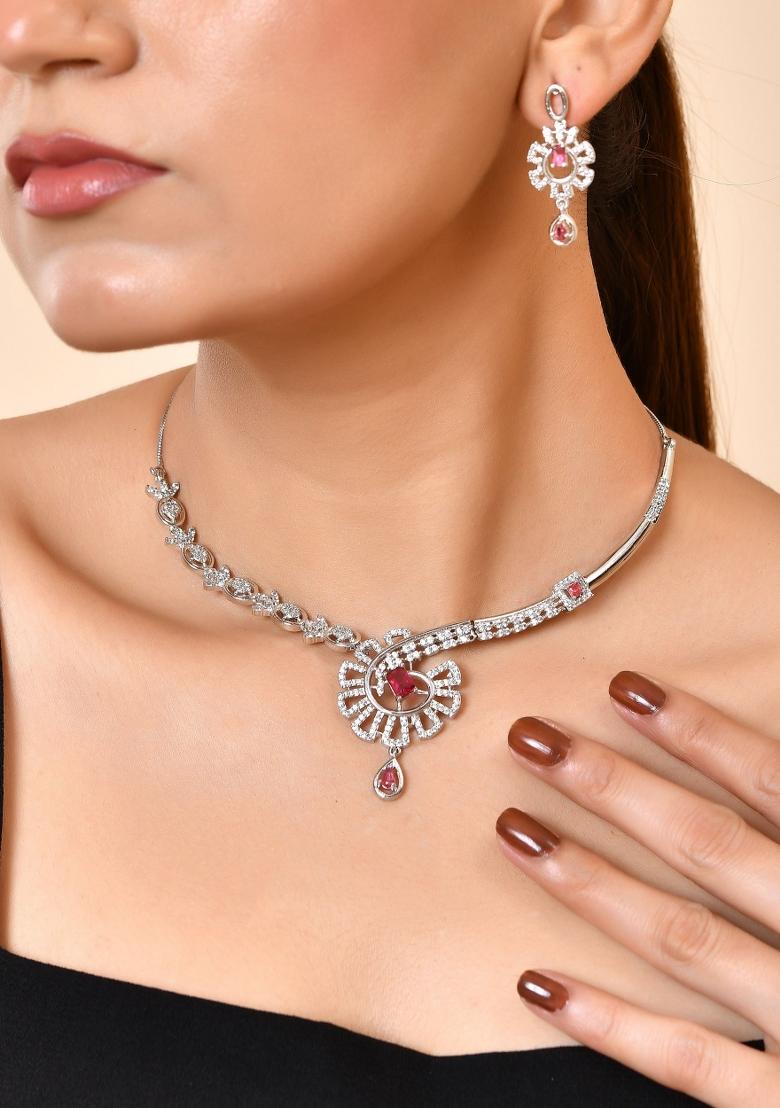 Silver Plated Ruby Red Ad Stone Studded Designer Necklace Set - Indya