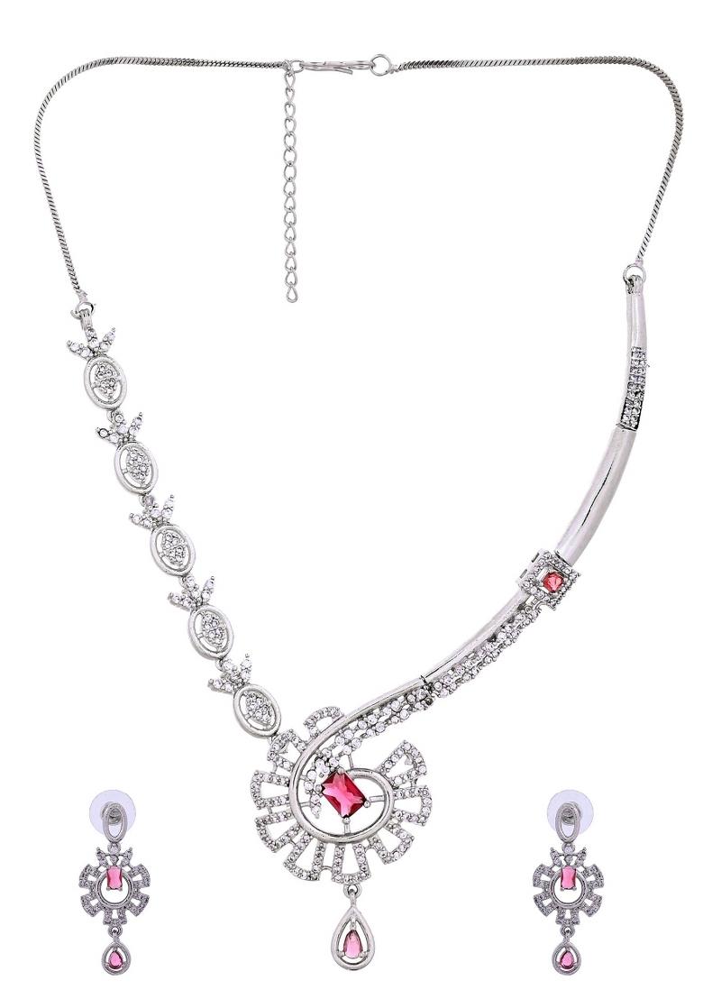 Silver Plated Ruby Red Ad Stone Studded Designer Necklace Set - Indya