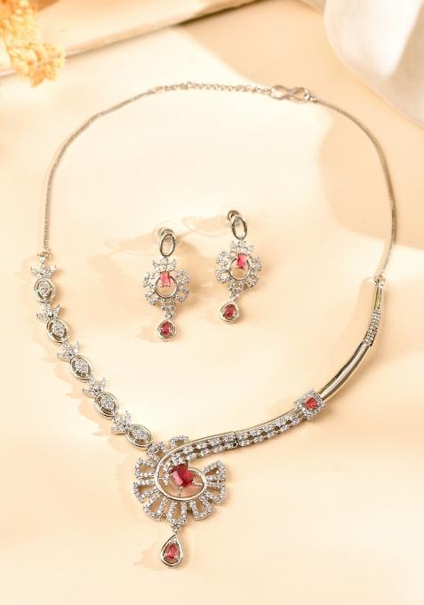 Silver Plated Ruby Red Ad Stone Studded Designer Necklace Set